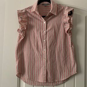 Blue Tassel Striped Button Up Top with Ruffled Sleeves - Size S